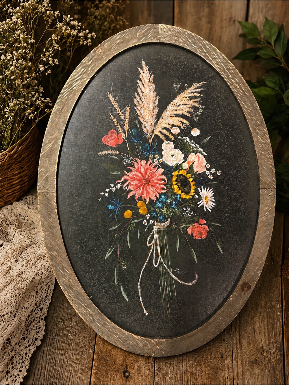 HolliHocks Oval Floral Wall Art Farmhouse Cottage Decor